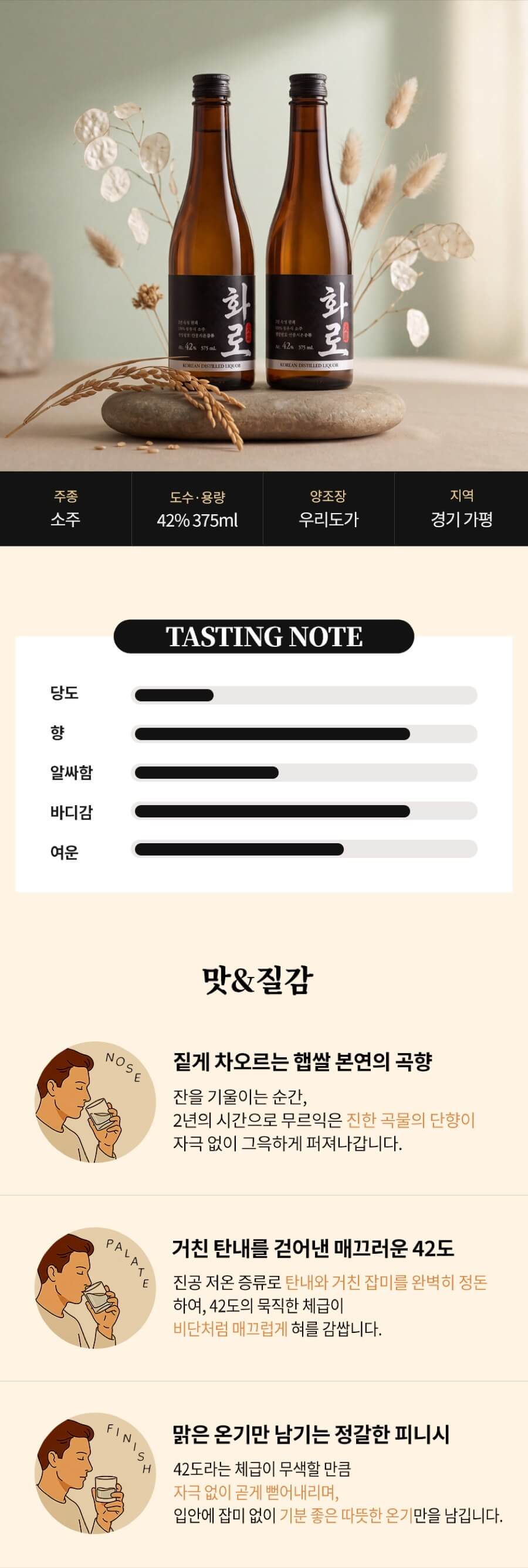 화로 42도 375ml 3개 세트 (2년 숙성, 순수소주)