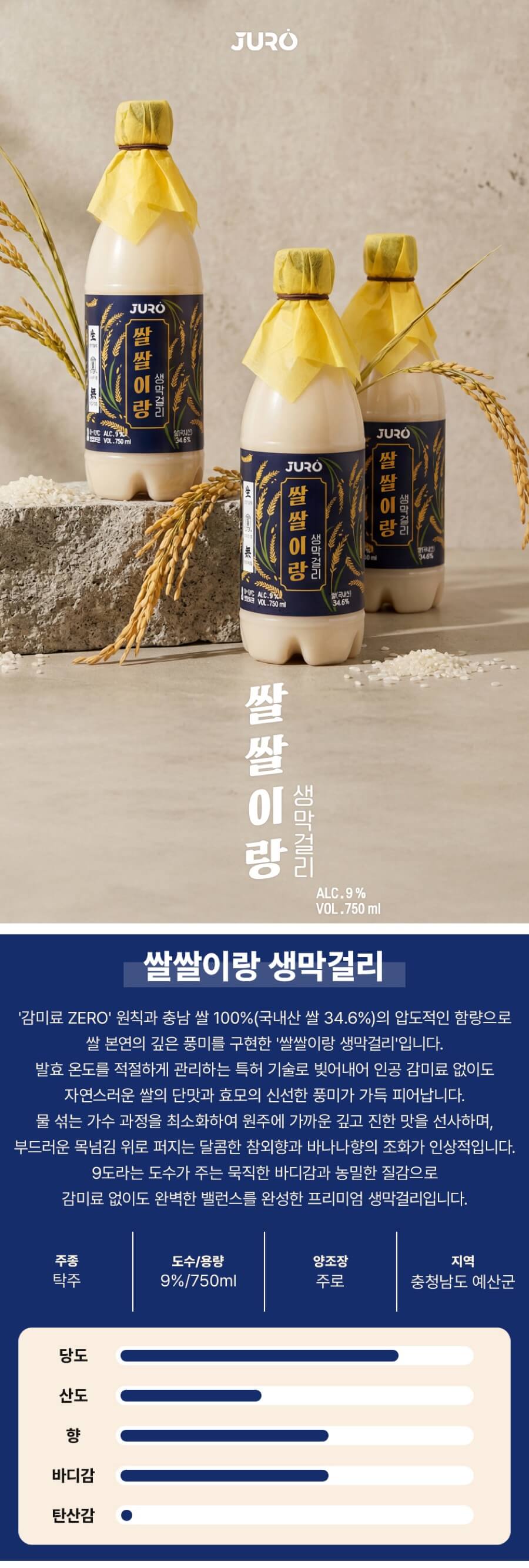 쌀쌀이랑 생막걸리 9도 750ml